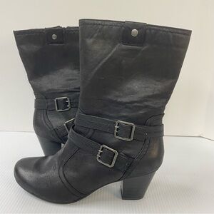 Wear Ever Hilary Black Heeled Moto Boots w/ Strap & Buckle Detail Women’s Sz 11M